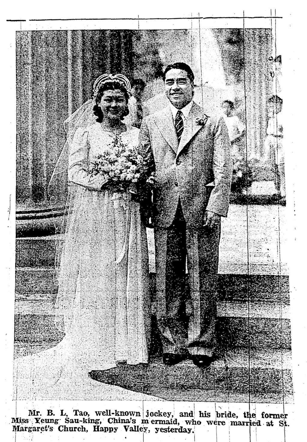 Yeung retired from competitive swimming in the late 1930s, and married B.L. Tao, a well-known local jockey, in 1939; this newspaper clipping shows their wedding announcement. Photo: Handout Yeung retired from competitive swimming in the late 1930s, and married B.L. Tao, a well-known local jockey, in 1939; this newspaper clipping shows their wedding announcement. Photo: Handout