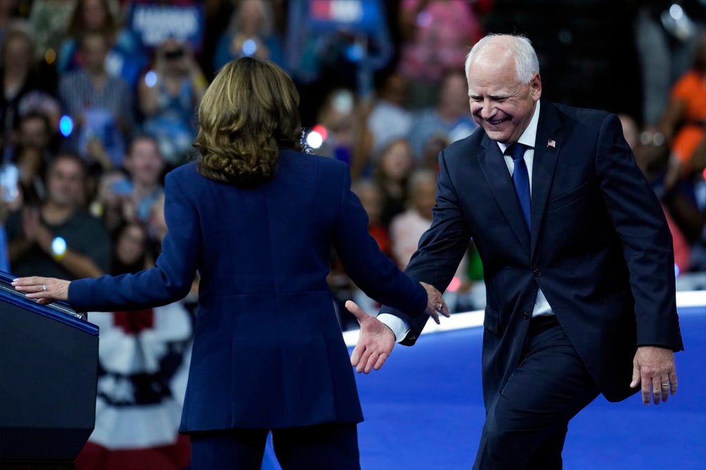 Vice-President Kamala Harris and her running mate Minnesota Governor Tim Walz at a campaign rally in Philadelphia, on Tuesday. Photo: AP
