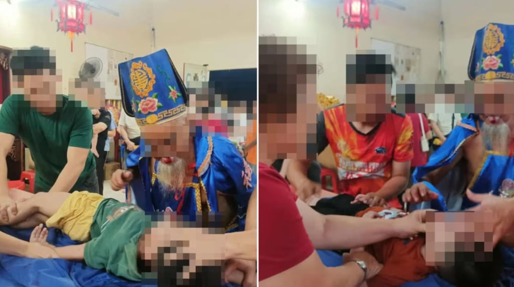 The faith healer conducts the gory ritual on children who are being restrained by adults. Photo: Weibo The faith healer conducts the gory ritual on children who are being restrained by adults. Photo: Weibo