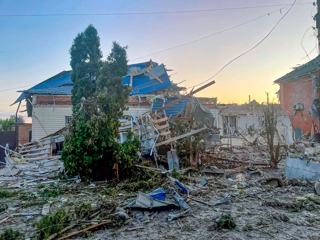 A damaged house after shelling by the Ukrainian side in the city of Sudzha, Kursk region that borders Ukraine. Photo: Governor of Kursk region Telegram channel via AP