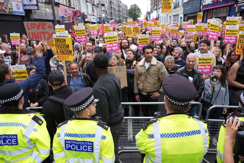 Anti-racism protesters in Walthamstow, London, on Wednesday. Photo: PA via AP