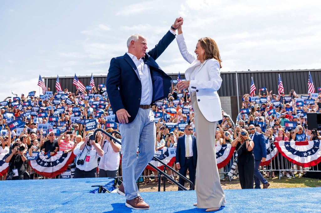Democratic presidential nominee Vice-President Kamala Harris and her running mate, Minnesota Governor Tim Walz, at a campaign rally in Eau Claire, Wisconsin. Photo: Minnesota Public Radio via AP Democratic presidential nominee Vice-President Kamala Harris and her running mate, Minnesota Governor Tim Walz, at a campaign rally in Eau Claire, Wisconsin. Photo: Minnesota Public Radio via AP