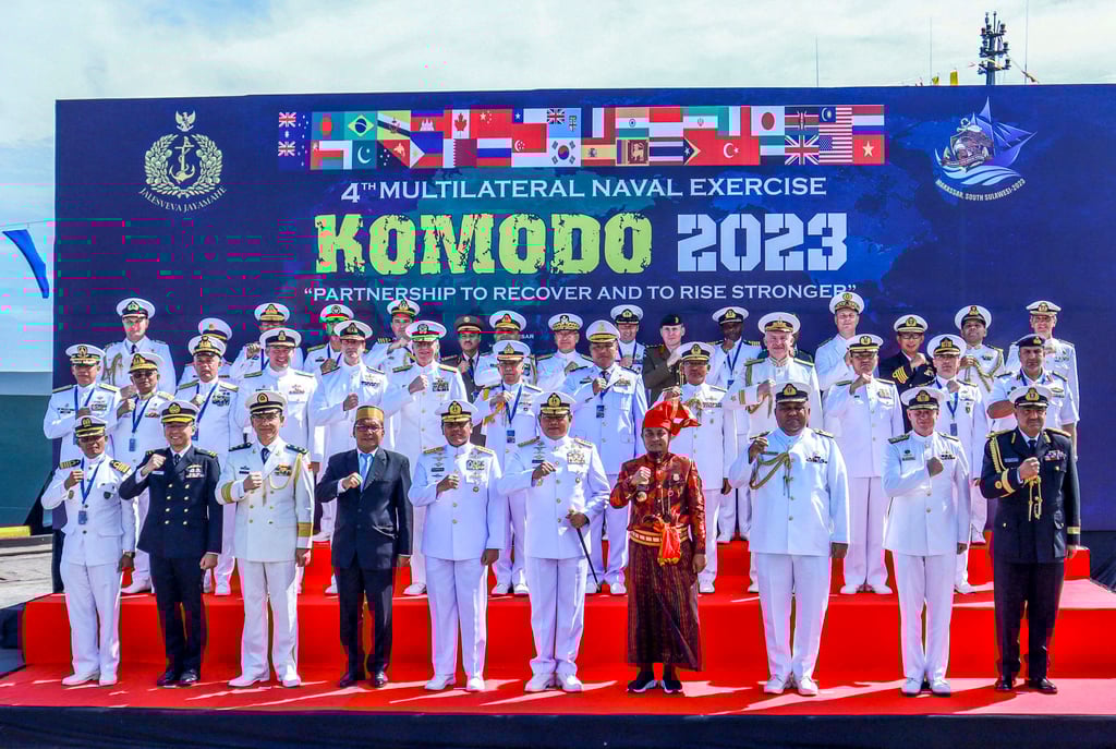 Indonesian naval officers and their counterparts from other countries taking part in the 2023 Multilateral Naval Exercise Komodo, at Soekarno Hatta Pier in Makassar, Indonesia. Photo: AFP