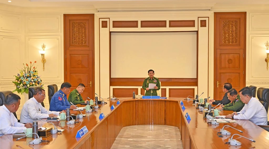 Min Aung Hlaing (centre), chairman of the State Administration Council, during a meeting in Naypyidaw last month. Photo: EPA-EFE/Handout Min Aung Hlaing (centre), chairman of the State Administration Council, during a meeting in Naypyidaw last month. Photo: EPA-EFE/Handout