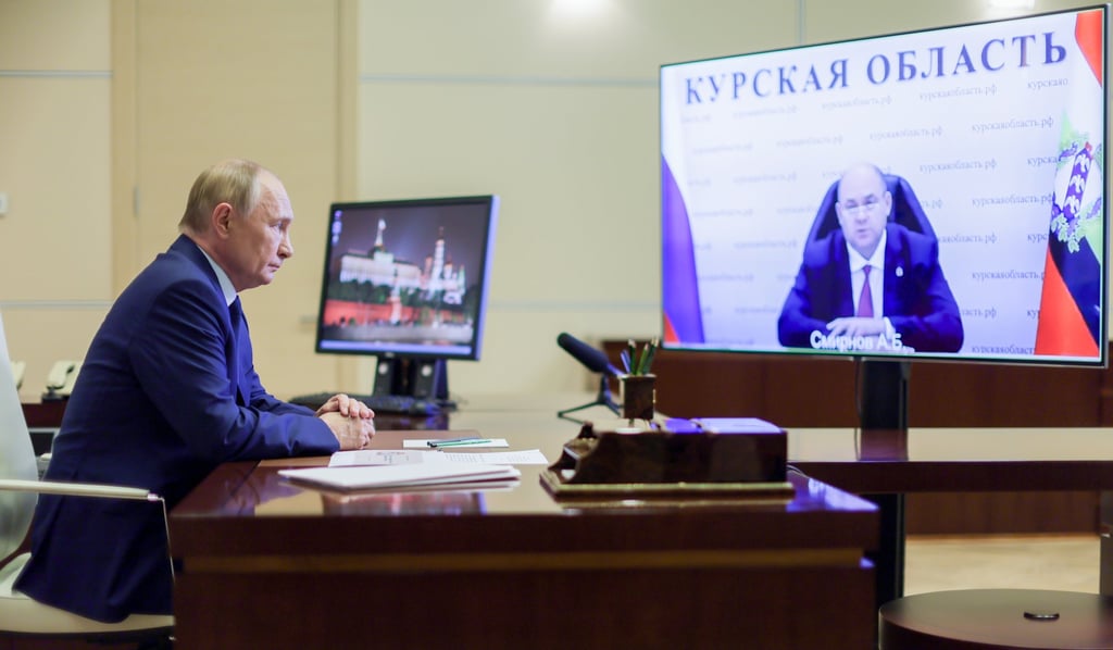 Russian President Vladimir Putin holds a video conference meeting with Kursk Region Acting Governor Alexei Smirnov at the Novo-Ogaryovo state residence outside Moscow on Thursday. Photo: Sputnik via EPA-EFE