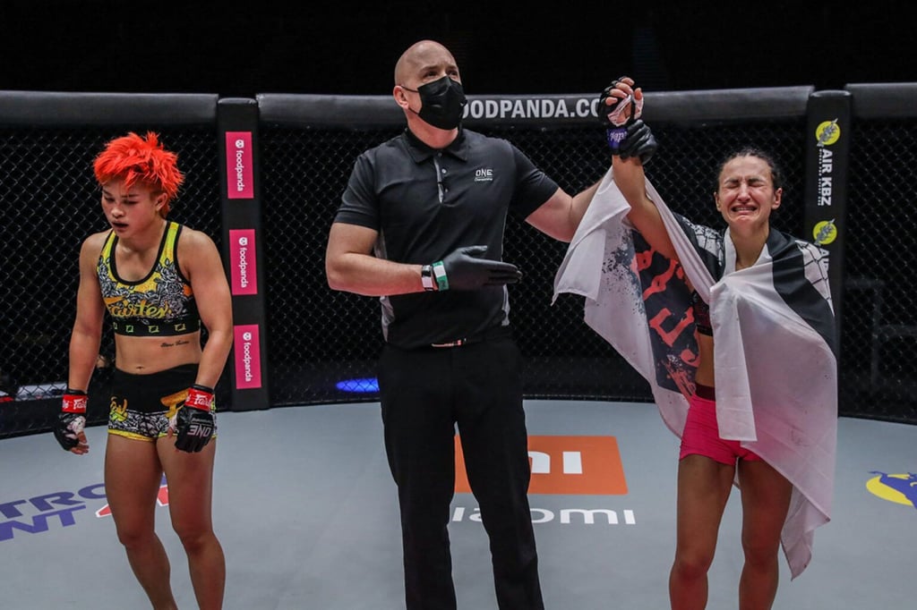 Alyona Rassohyna shows her emotion after earning a victory over Stamp Fairtex. Photo: ONE Championship