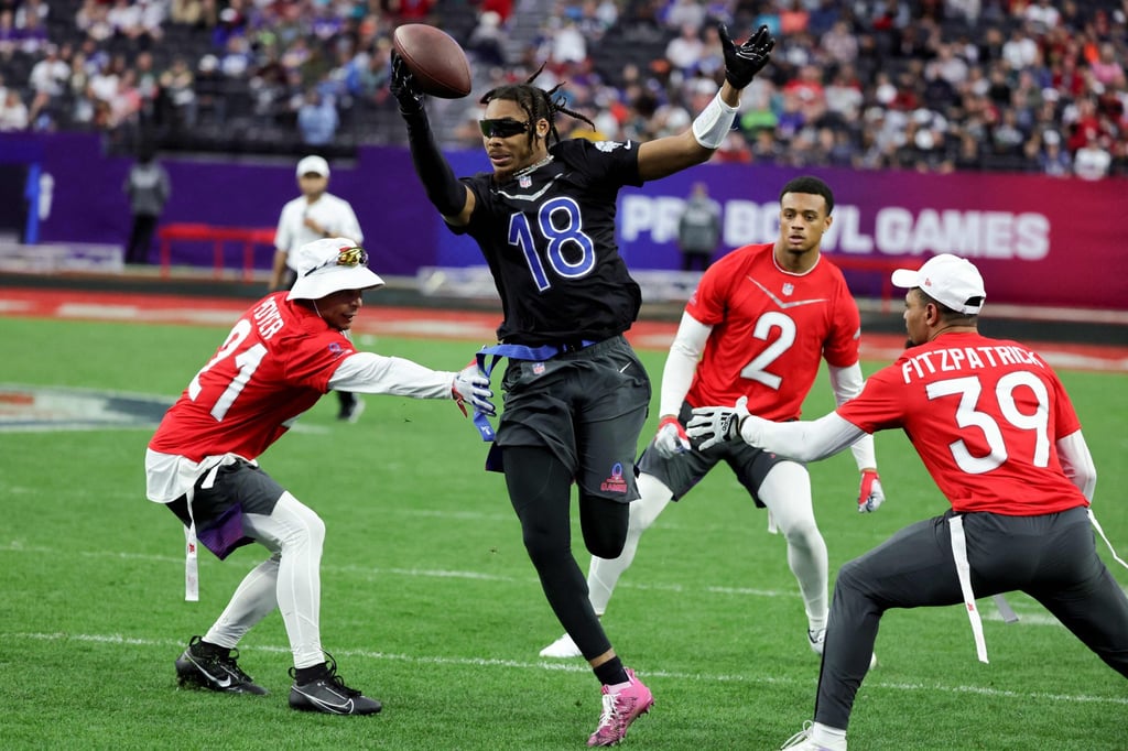 Flag football action between the NFC and the AFC during the 2023 NFL Pro Bowl Games in Las Vegas, Nevada. Photo: AFP Flag football action between the NFC and the AFC during the 2023 NFL Pro Bowl Games in Las Vegas, Nevada. Photo: AFP