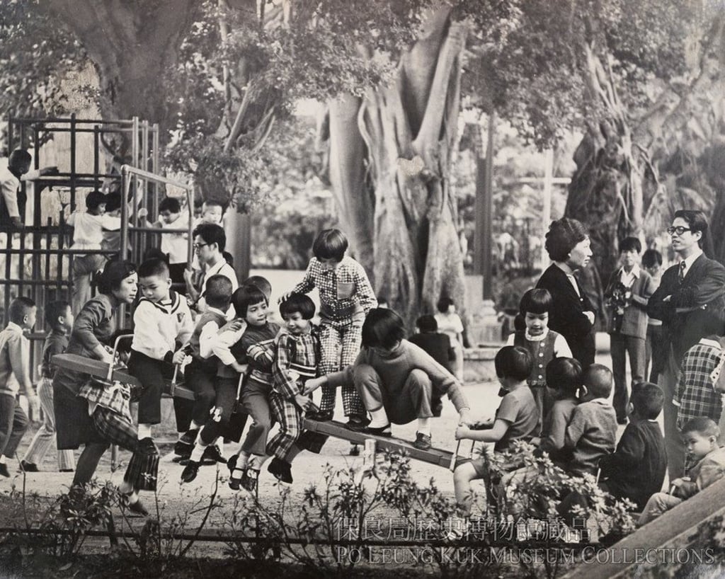 Children living at Po Leung Kuk use a playground outside the headquarters in 1978. Photo: courtesy of Po Leung Kuk Museum.