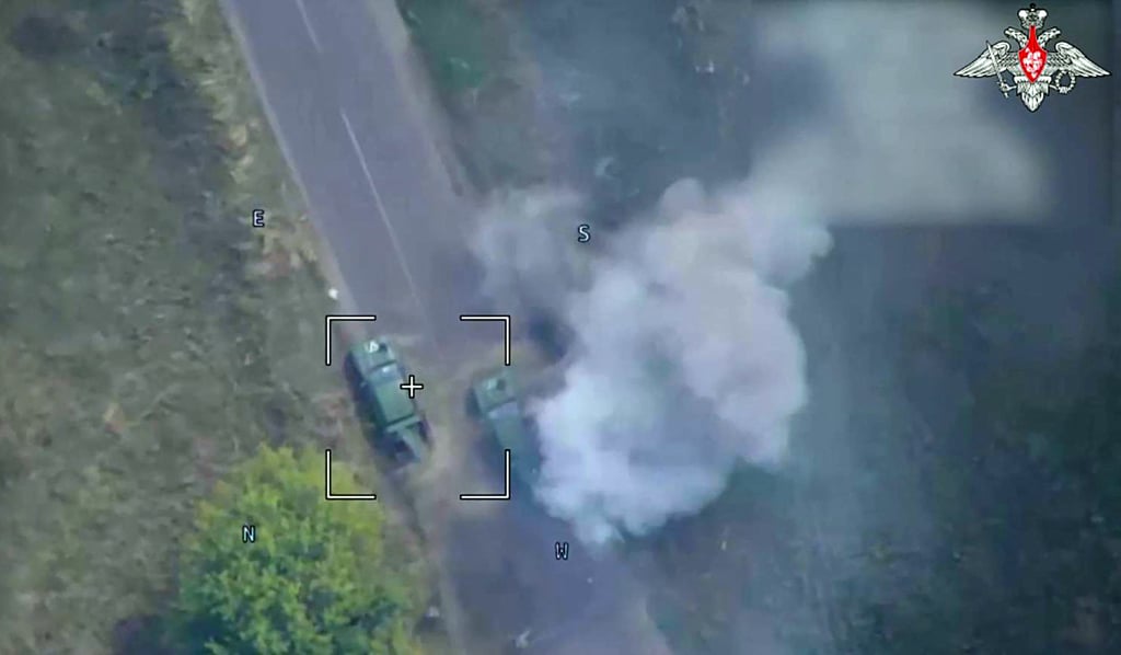 A Russian drone attack on Ukrainian armoured vehicles in Kursk. Photo: AFP/Russian defence ministry
