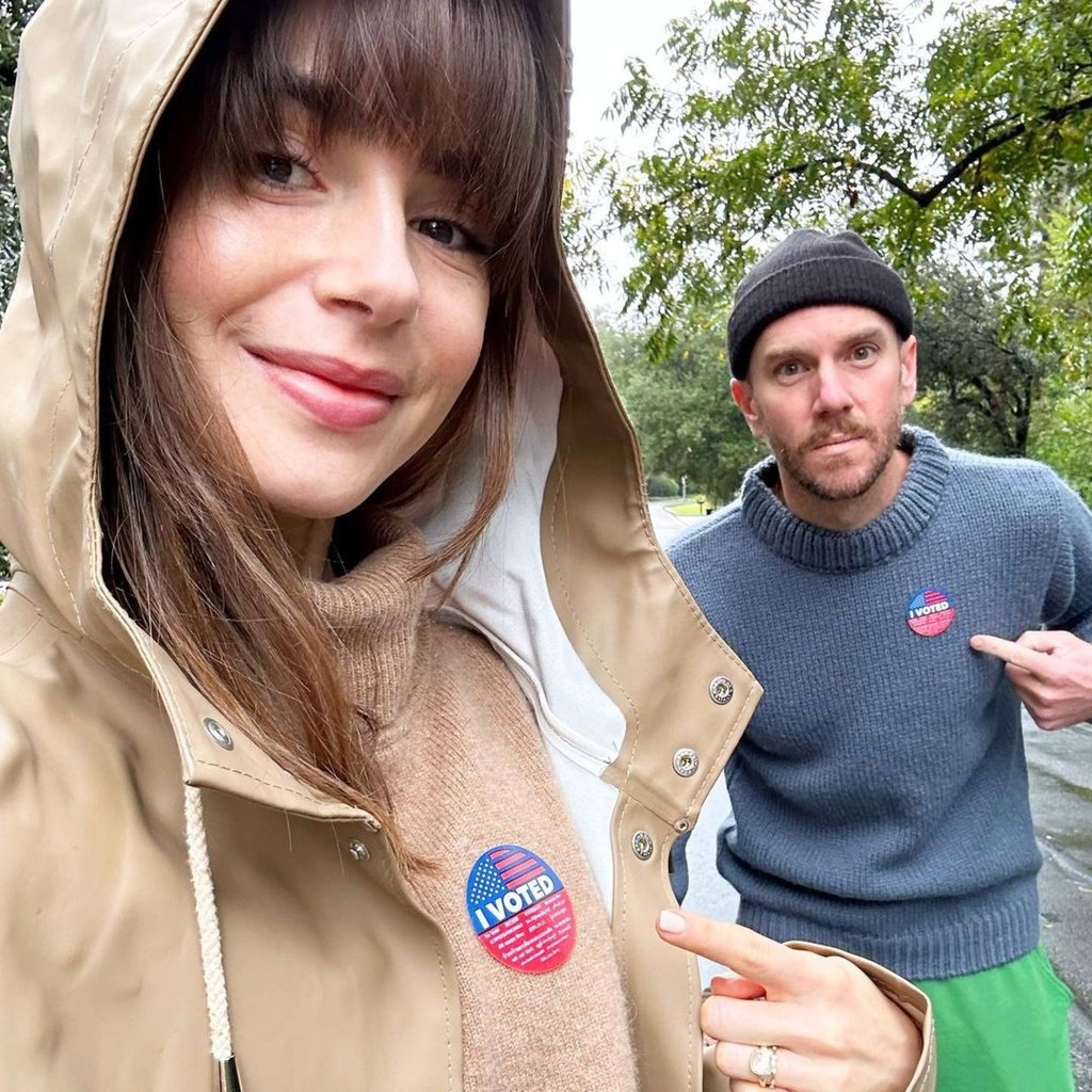 Lily Collins and Charlie McDowell show off their stickers after voting in November 2022. Photo: @charliemcdowell/Instagram