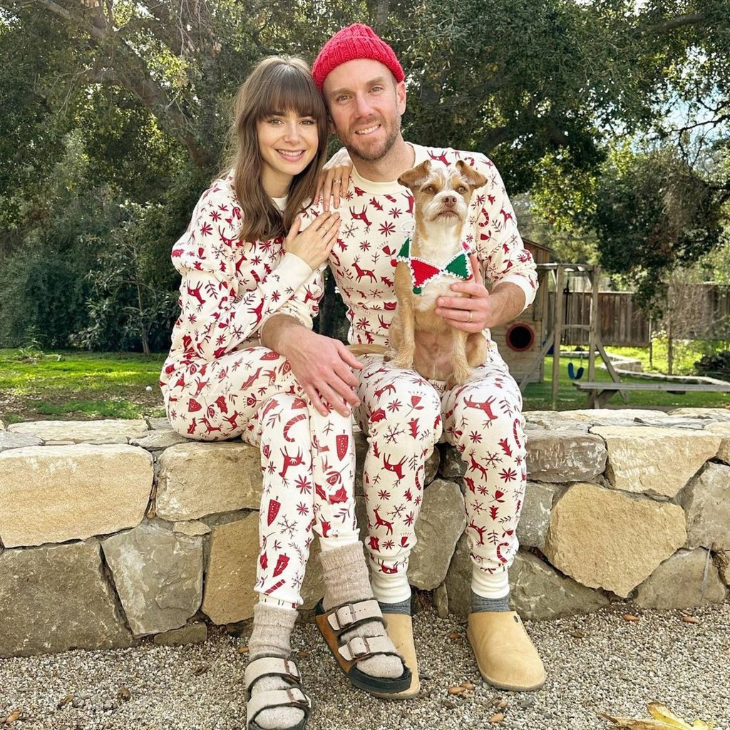Lily Collins, Charlie McDowell and their dog celebrate Christmas 2022 in cute matching pyjamas. Photo: @charliemcdowell/Instagram