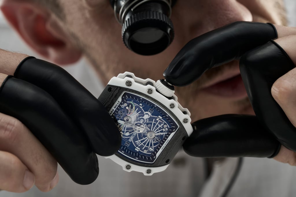 The manual winding tourbillon dominates the skeletonised dial of the Richard Mille RM 21-02