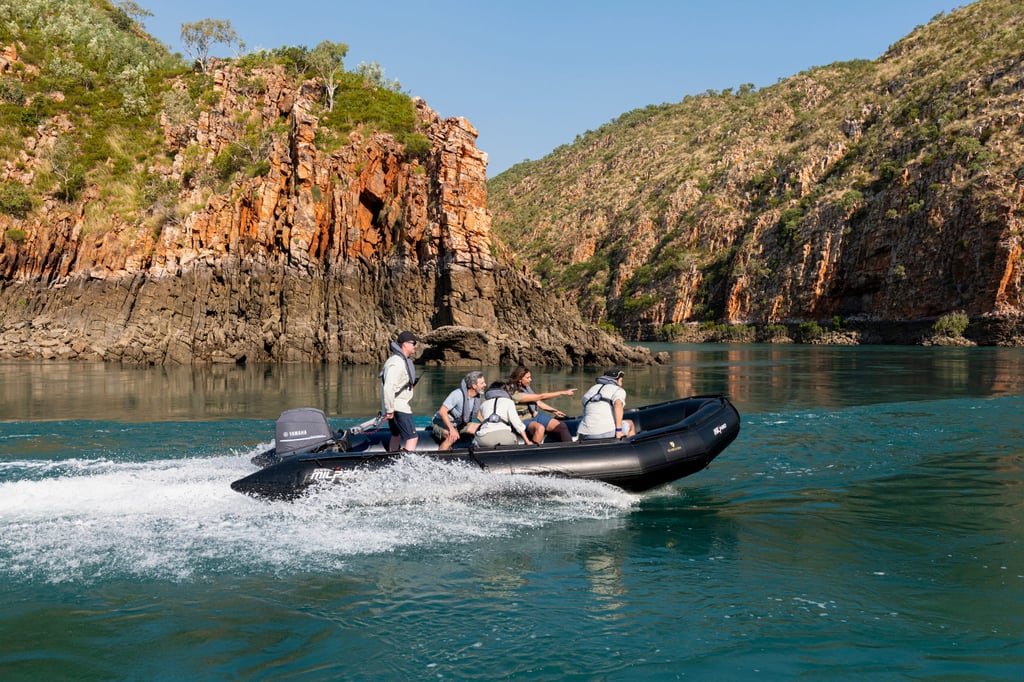 At Hunter Valley, the deep water marks on the rocks are evidence of the huge tidal surges in the Kimberley. Photo: Seabourn