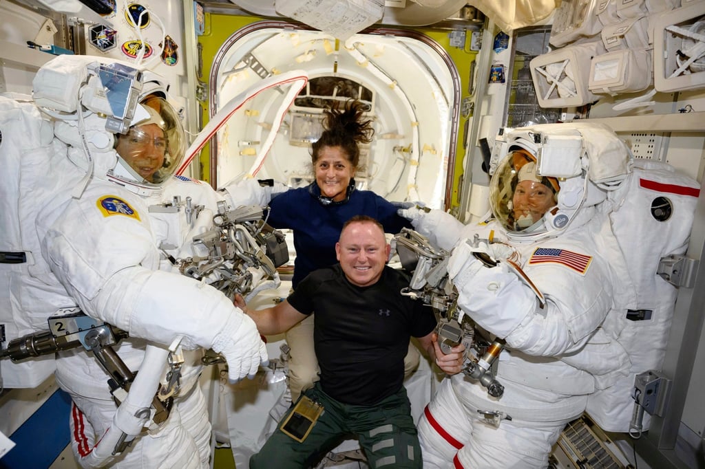 Nasa astronauts Sunita Williams and Barry Wilmore pose with Expedition 71 flight engineers Mike Barratt and Tracy Dyson aboard the International Space Station’s Quest airlock in June. Photo: AP Photo/Nasa