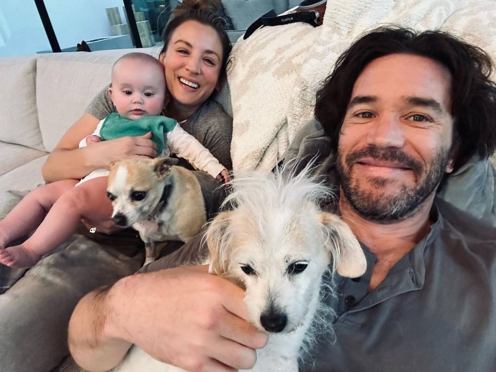 Tom Pelphrey and Kaley Cuoco with their baby and dogs in September 2023. Photo: @tommypelphrey/Instagram