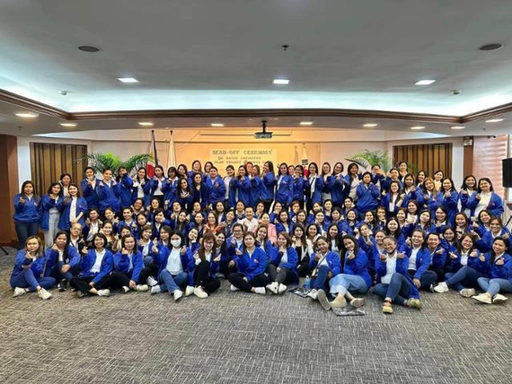 Filipino workers participating in the pilot programme for foreign caregivers in South Korea pose in Manila before departure. Photo: Facebook/Philippine Overseas Employment Administration Filipino workers participating in the pilot programme for foreign caregivers in South Korea pose in Manila before departure. Photo: Facebook/Philippine Overseas Employment Administration