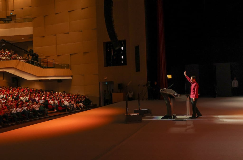 Prime Minister Lawrence Wong (right) delivering his National Day Rally address at the Institute of Technical Education headquarters in Singapore on Sunday. Photo: EPA-EFE / Singapore’s Ministry of Digital Development and Information