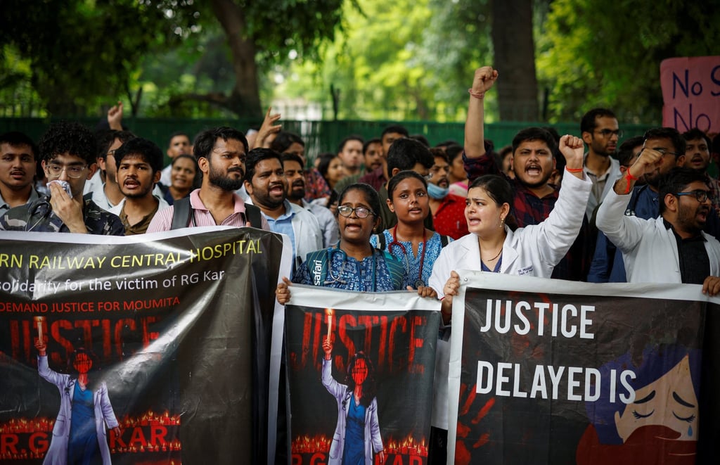 Doctors in Delhi shout slogans during a protest on Monday demanding justice following the rape and murder in Kolkata. Photo: Reuters