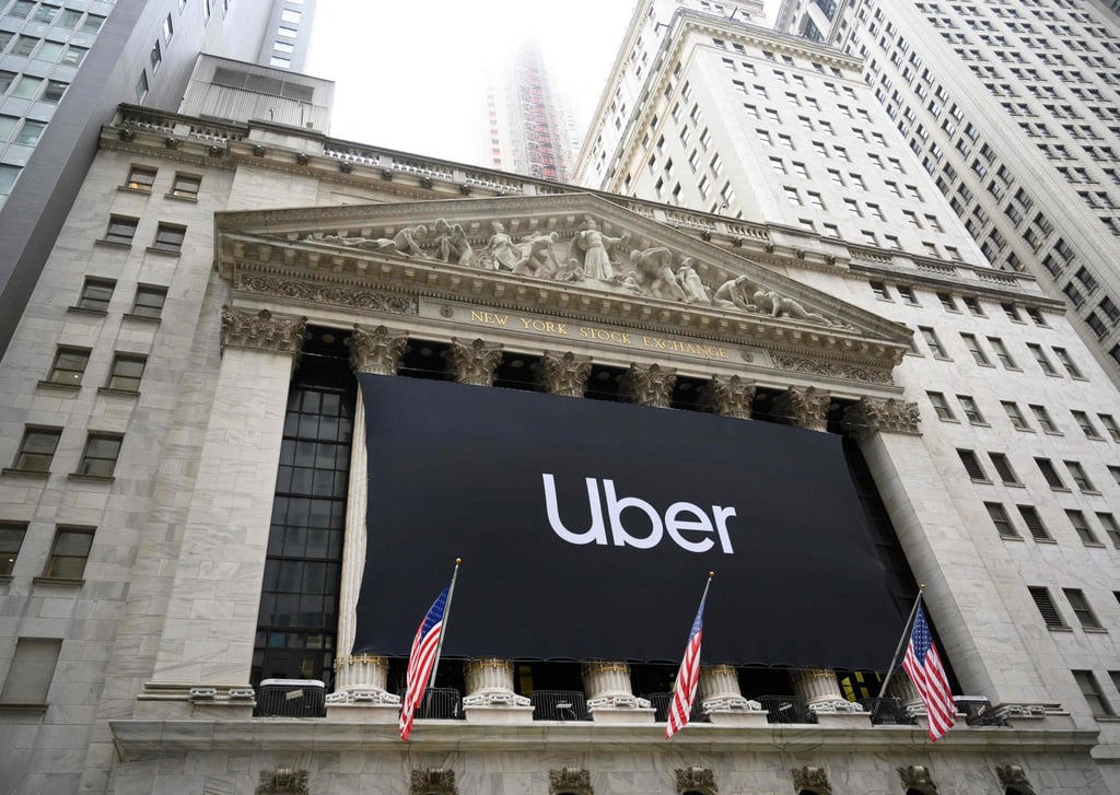 An Uber banner adorns the facade of the New York Stock Exchange ahead of the company’s IPO on May 10, 2019, in New York. Photo: AFP