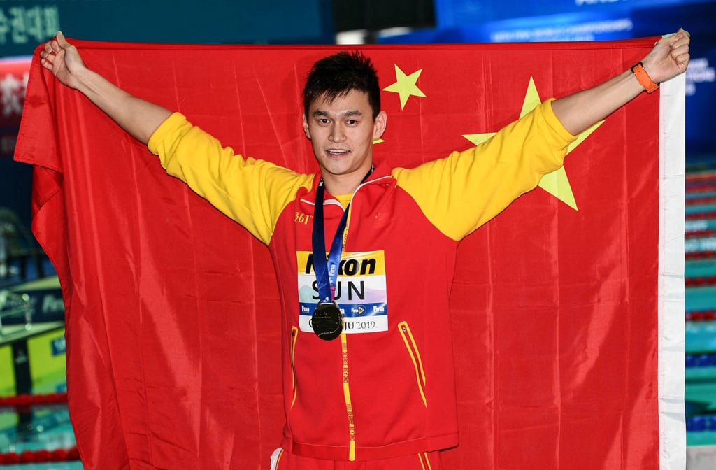 Sun Yang after winning the 400m freestyle at the 2019 World Championships in Gwangju, South Korea. Photo: AFP