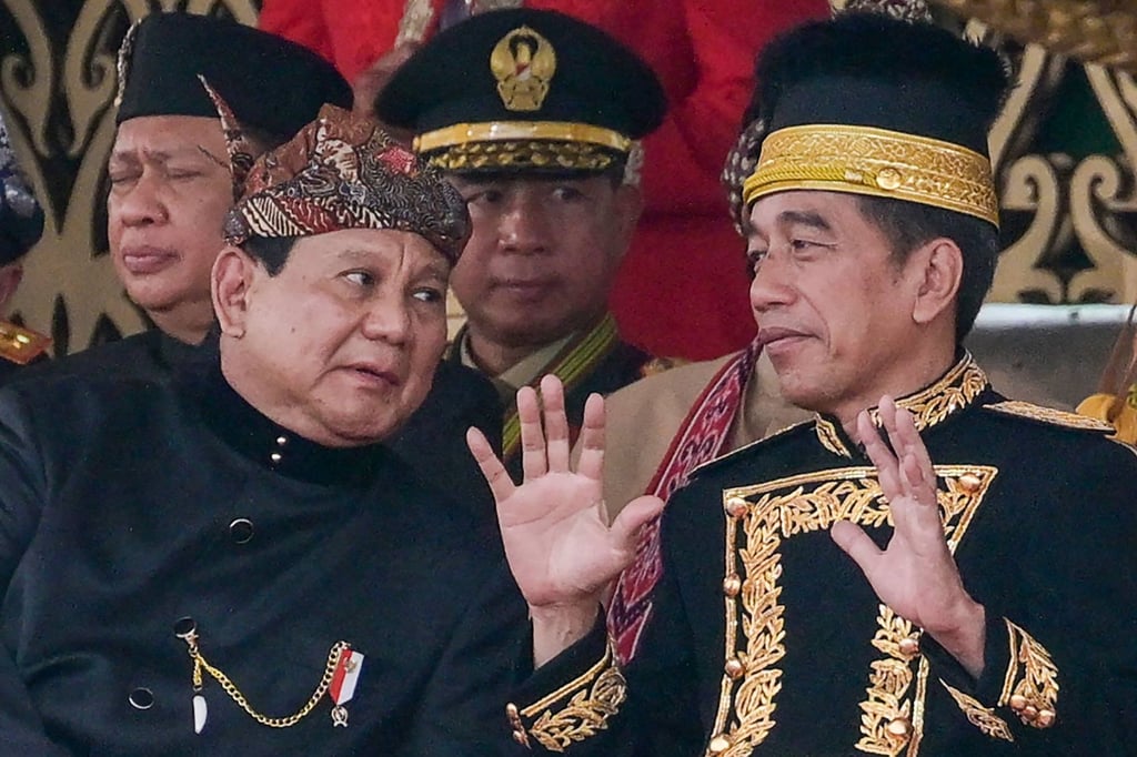 Indonesian President Joko Widodo talks to president-elect Prabowo Subianto (left) following a flag-raising ceremony marking Indonesia’s 79th Independence Day at the presidential palace in the future capital Nusantara, in Sepaku, Penajam Paser Utara, East Kalimantan, on August 17, 2024. Photo: AFP Indonesian President Joko Widodo talks to president-elect Prabowo Subianto (left) following a flag-raising ceremony marking Indonesia’s 79th Independence Day at the presidential palace in the future capital Nusantara, in Sepaku, Penajam Paser Utara, East Kalimantan, on August 17, 2024. Photo: AFP
