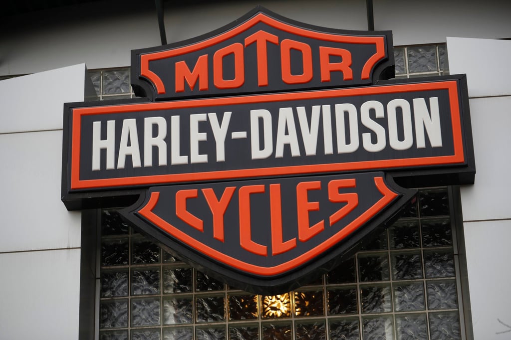 The Harley-Davidson logo hangs over the entrance to the motorcycle company’s dealership in Littleton, Colorado, in the US. Photo: AP Photo