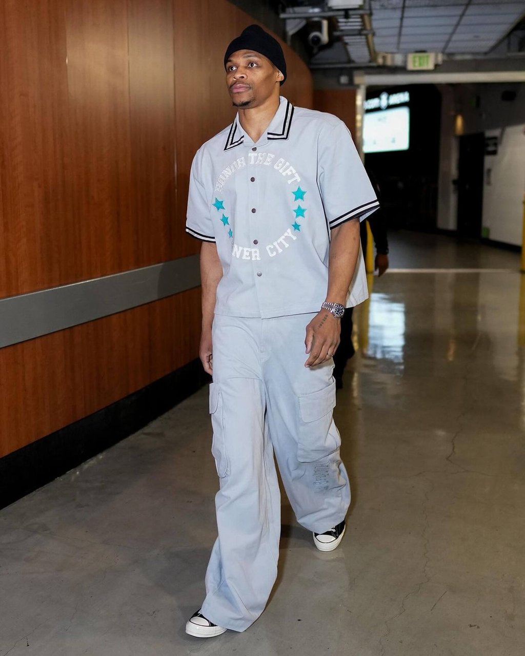 NBA player Russell Westbrook struts through the tunnel in one of his typically fashionable fits. Photo: @laclippers/Instagram NBA player Russell Westbrook struts through the tunnel in one of his typically fashionable fits. Photo: @laclippers/Instagram