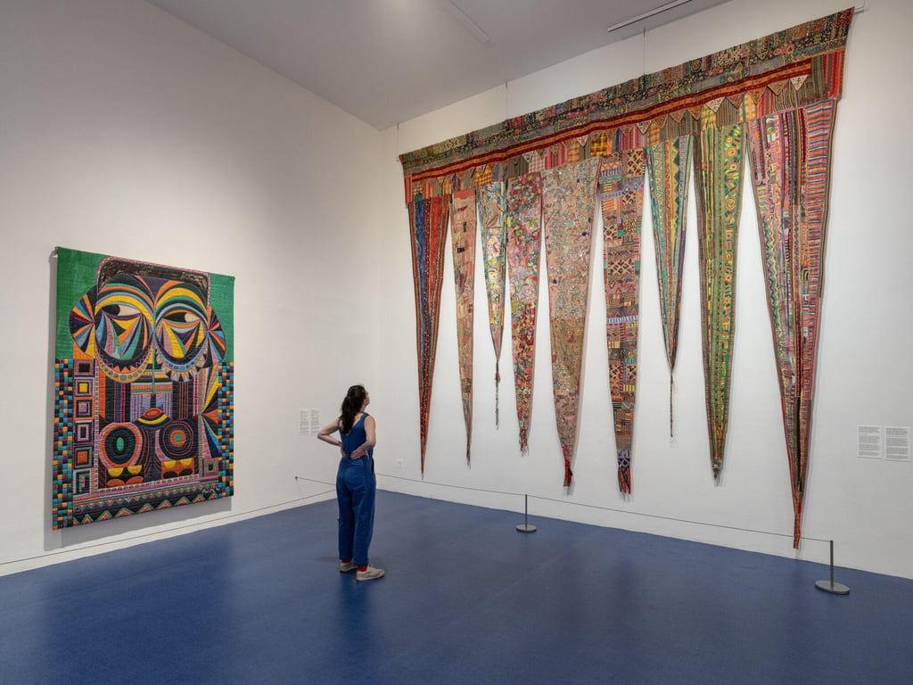 Abad’s 1990 piece European Mask (left) and 100 Years of Freedom: From Batanes to Jolo (1998) at her ongoing retrospective at the Museum of Modern Art PS1 in New York. Photo: Kris Graves