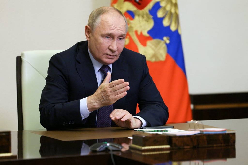 Russian President Vladimir Putin chairs a meeting with his Security Council via video link at the Novo-Ogaryovo state residence outside Moscow on Friday. Photo: Sputnik/Kremlin via Reuters