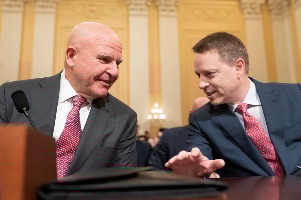 Former National Security Adviser H.R. McMaster (left) and former Deputy National Security Adviser Matthew Pottinger speak prior to their testimony during a House Select Committee in Washington in 2023. Photo: Reuters Former National Security Adviser H.R. McMaster (left) and former Deputy National Security Adviser Matthew Pottinger speak prior to their testimony during a House Select Committee in Washington in 2023. Photo: Reuters