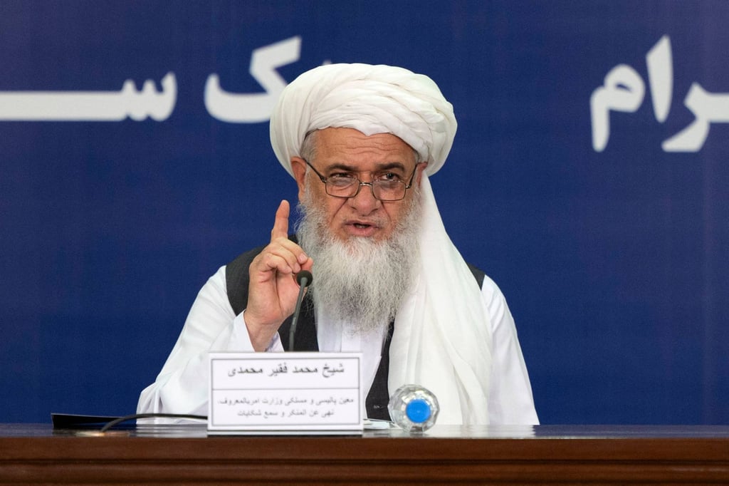 Mohammad Faqir Mohammad, Deputy of the Taliban’s Ministry of Virtue and Vice, speaks during a press conference in Kabul on August 20, 2024. Photo: AFP