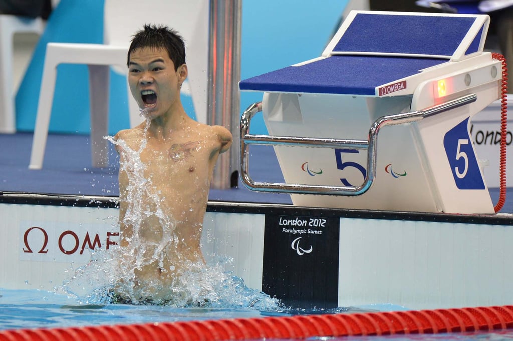 China’s Zheng Tao celebrates breaking the world record after winning the men’s 100m backstroke – S6 at London 2012 Paralympic Games. Photo: AFP China’s Zheng Tao celebrates breaking the world record after winning the men’s 100m backstroke – S6 at London 2012 Paralympic Games. Photo: AFP