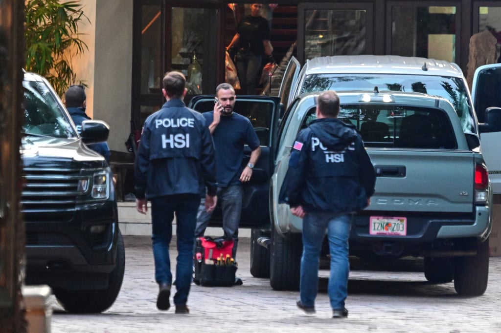 Homeland Security agents at Sean ‘Diddy’ Combs’ home at Star Island in Miami Beach, Florida on March 25. File photo: AFP