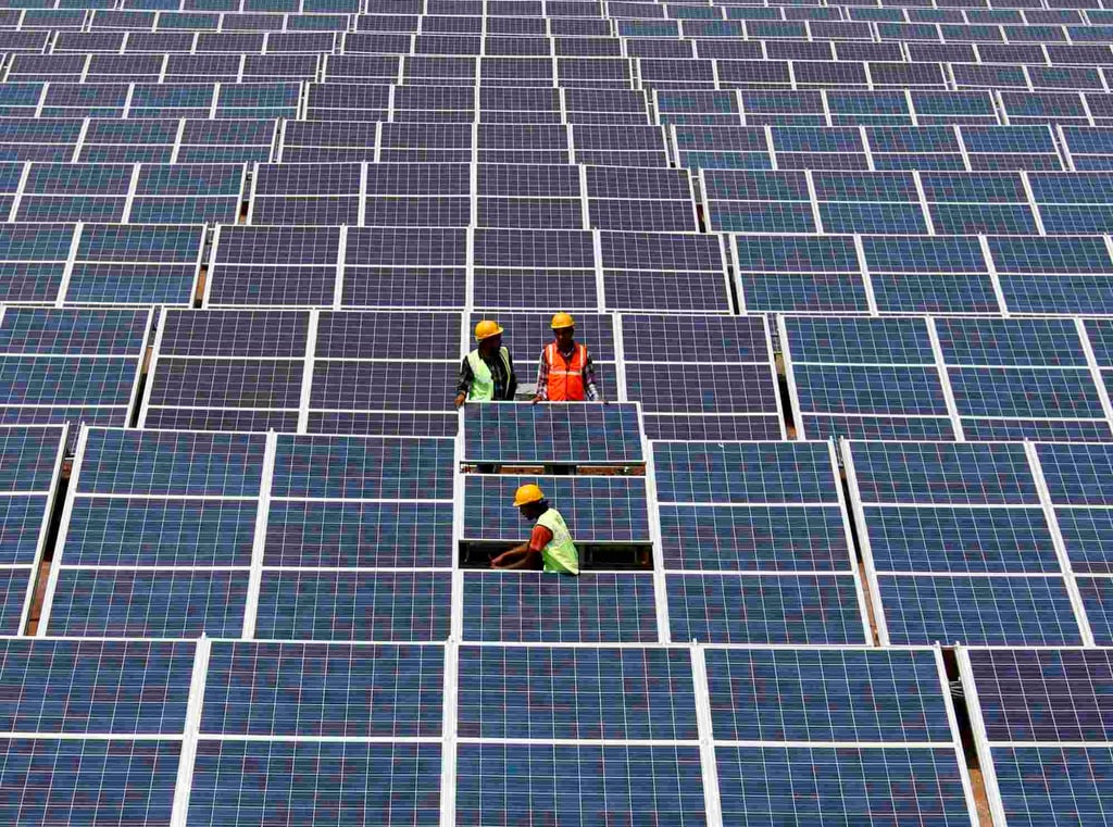 Workers install photovoltaic solar panels at the Gujarat solar park. Photo: Reuters