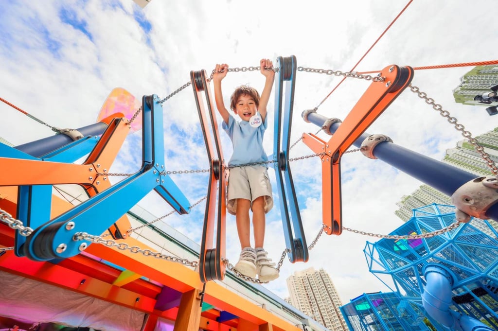 Kids can develop a sense of balance on the nestlike climbing structure at the Geometric Wonderzoo at the Sau Mau Ping Shopping Centre. Photo: Link Reit Kids can develop a sense of balance on the nestlike climbing structure at the Geometric Wonderzoo at the Sau Mau Ping Shopping Centre. Photo: Link Reit