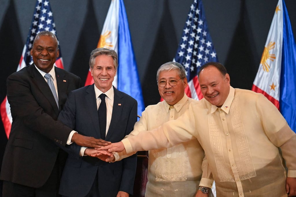 US Defence Secretary Lloyd Austin, US Secretary of State Anthony Blinken, Philippines Foreign Affairs Secretary Enrique Manalo, and Philippines Defence Secretary Gilberto Teodoro at a conference in Manila. Photo: AFP