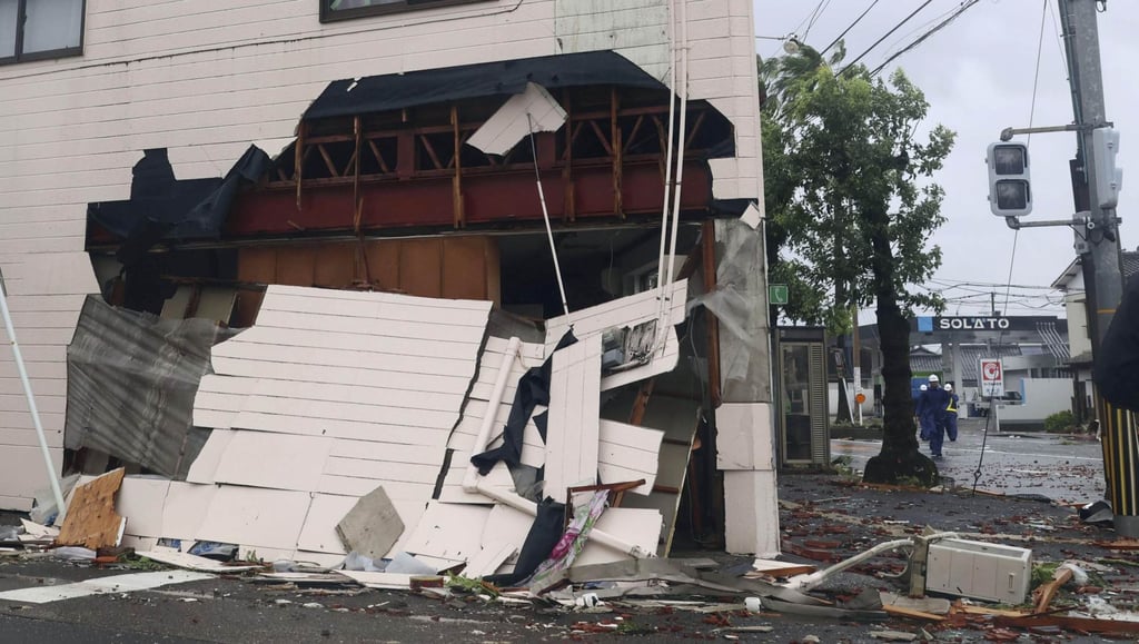 A building wall is partially destroyed in Miyazaki. Photo: Kyodo