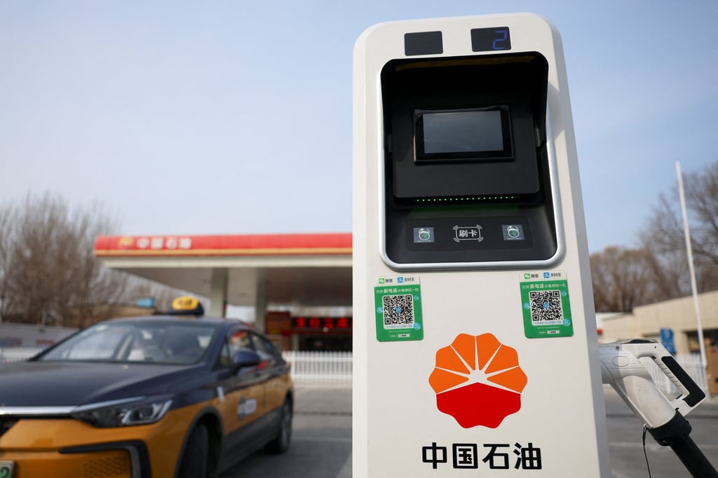 A PetroChina electric vehicle (EV) charging station stands in Beijing on February 2, 2024. Photo: Reuters.