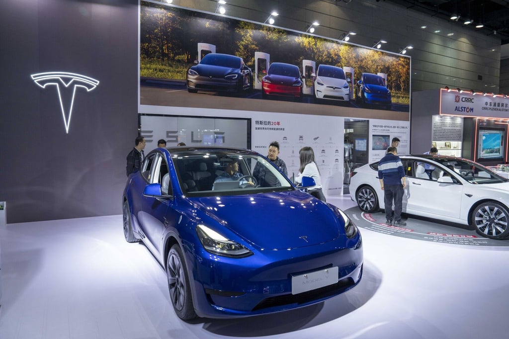 A Model Y on display at the Tesla booth during the World Internet of Things Exposition in Wuxi on October 21, 2023. Photo: Bloomberg.