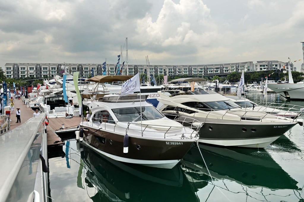 Luxury boats and yachts on display during the Singapore Yacht show at ONE°15 Marina Club in Sentosa Cove. Photo: AFP Luxury boats and yachts on display during the Singapore Yacht show at ONE°15 Marina Club in Sentosa Cove. Photo: AFP
