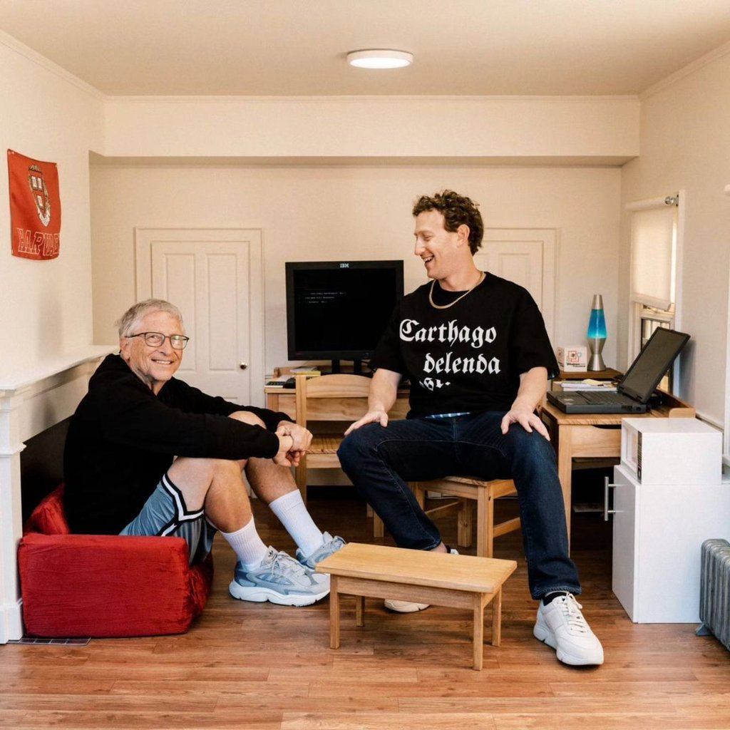 Meta founder Mark Zuckerberg shows off a 90s rapper-inspired look of a chain and slogan T-shirt at his 40th birthday party alongside Microsoft founder Bill Gates. Photo: @Zuck/Instagram