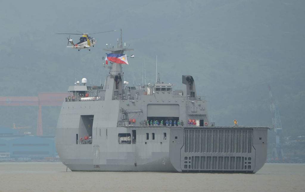 A helicopter prepares to land on the Philippine navy’s strategic sealift vessel BRP Davao del Sur during an amphibious landing exercise in 2019. Photo: AFP via Getty Images/TNS