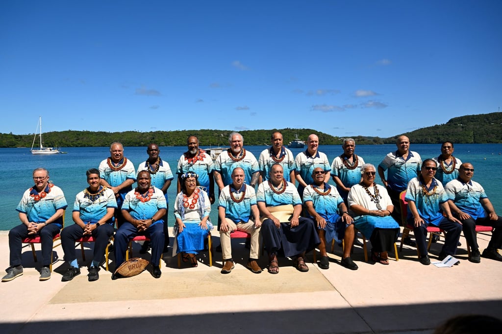 Leaders attending the Pacific Islands Forum meeting pose for a photo on Thursday. Photo: EPA-EFE