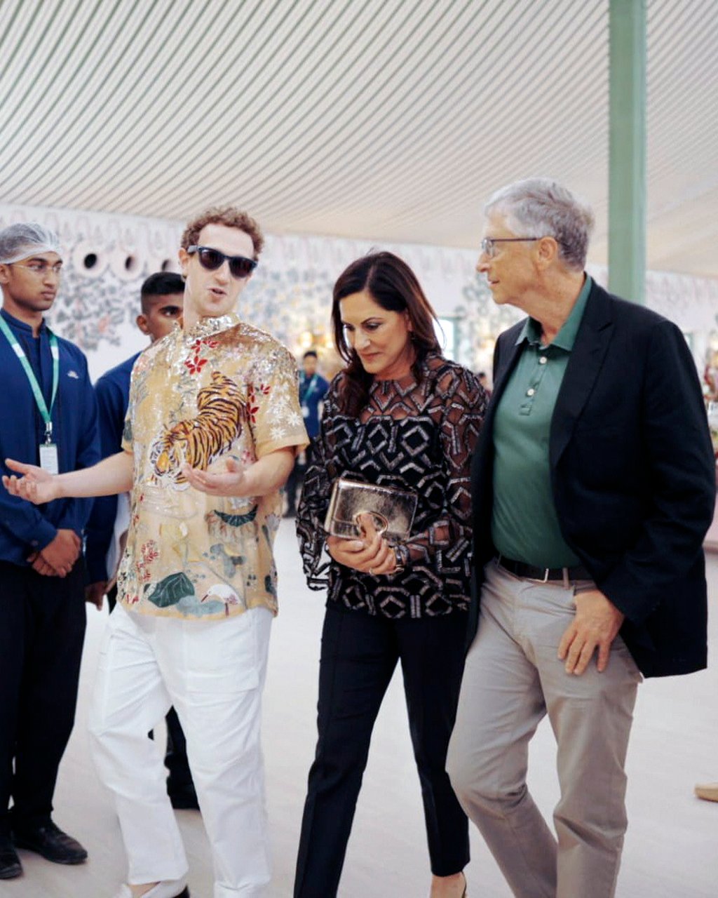 Is Mark Zuckerberg learning to dress for the occasion? The tech billionaire, pictured alongside Bill Gates, wore a jungle-themed shirt at a pre-wedding ceremony for Anant Ambani’s wedding to Radhika Merchant; the ceremony was held at an animal reserve in Jamnagar, India. Photo: AP