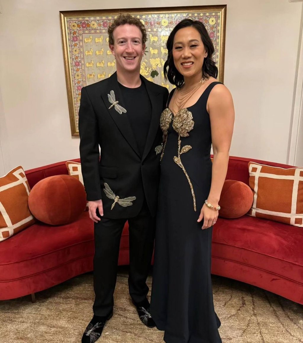 Opting to upgrade his jeans and hoodie, Mark Zuckerberg wore an embellished black suit – that matched wife Priscilla Chan’s black-and-gold dress – to one of Anant Ambani and Radhika Merchant’s pre-wedding ceremonies. Photo: @priscillachan/Instagram