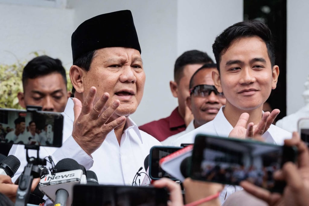 Indonesia’s President-elect Prabowo Subianto and Gibran Rakabuming Raka speak to the media in Jakarta in April. Photo: AFP