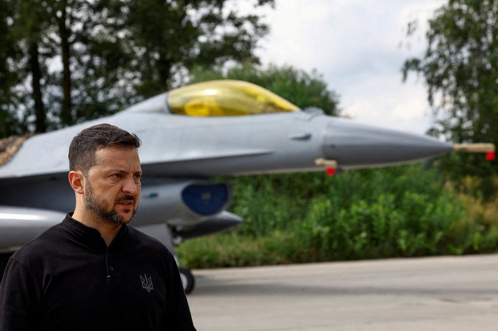 Ukraine’s President Volodymyr Zelensky speaks to the media in a front of an F-16 aircraft in Ukraine on August 4. Photo: Reuters