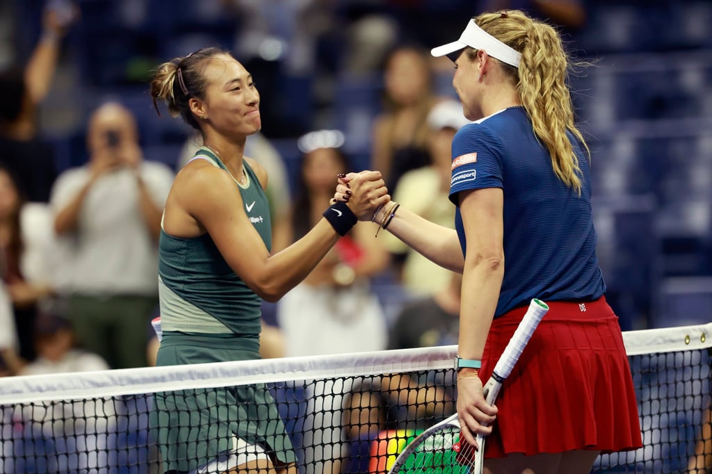 Zheng Qinwen shakes hands with Donna Vekic after her three-set victory in their US Open round of 16 clash. Photo: EPA Zheng Qinwen shakes hands with Donna Vekic after her three-set victory in their US Open round of 16 clash. Photo: EPA