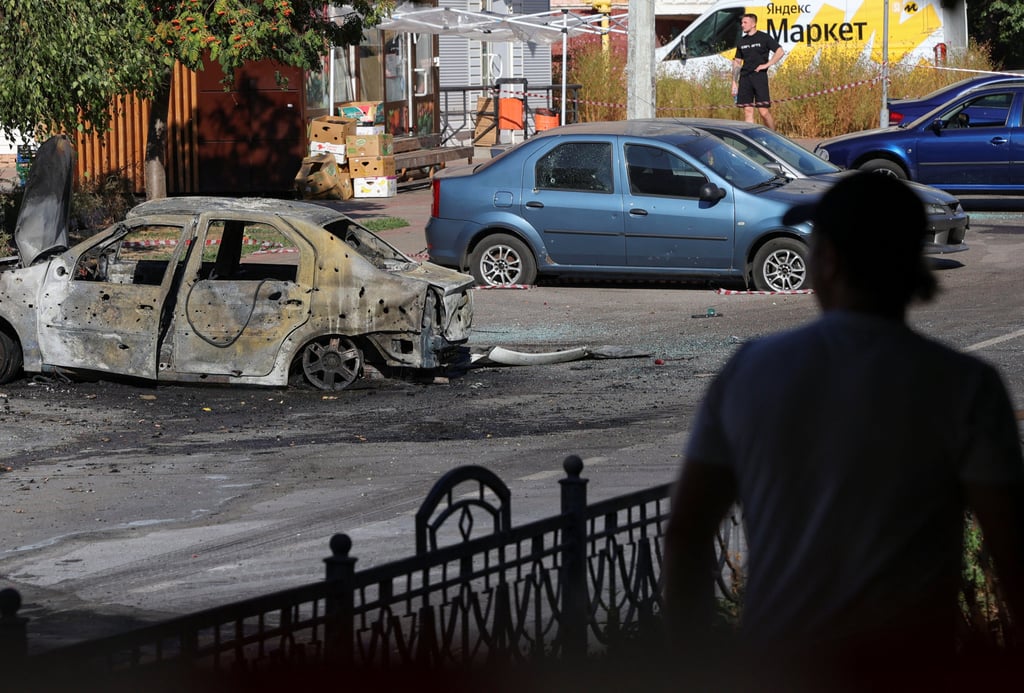 Damaged cars hit by shelling, what local authorities called a Ukrainian military strike, in Belgorod, Russia on Sunday. Photo: Reuters September