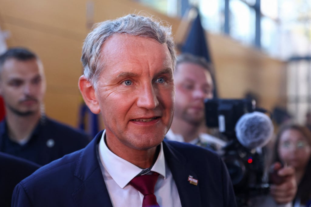 AfD member Bjorn Hocke speaks to the media after first exit polls in the Thuringia state elections, in Erfurt, Germany on Sunday. Photo: Reuters